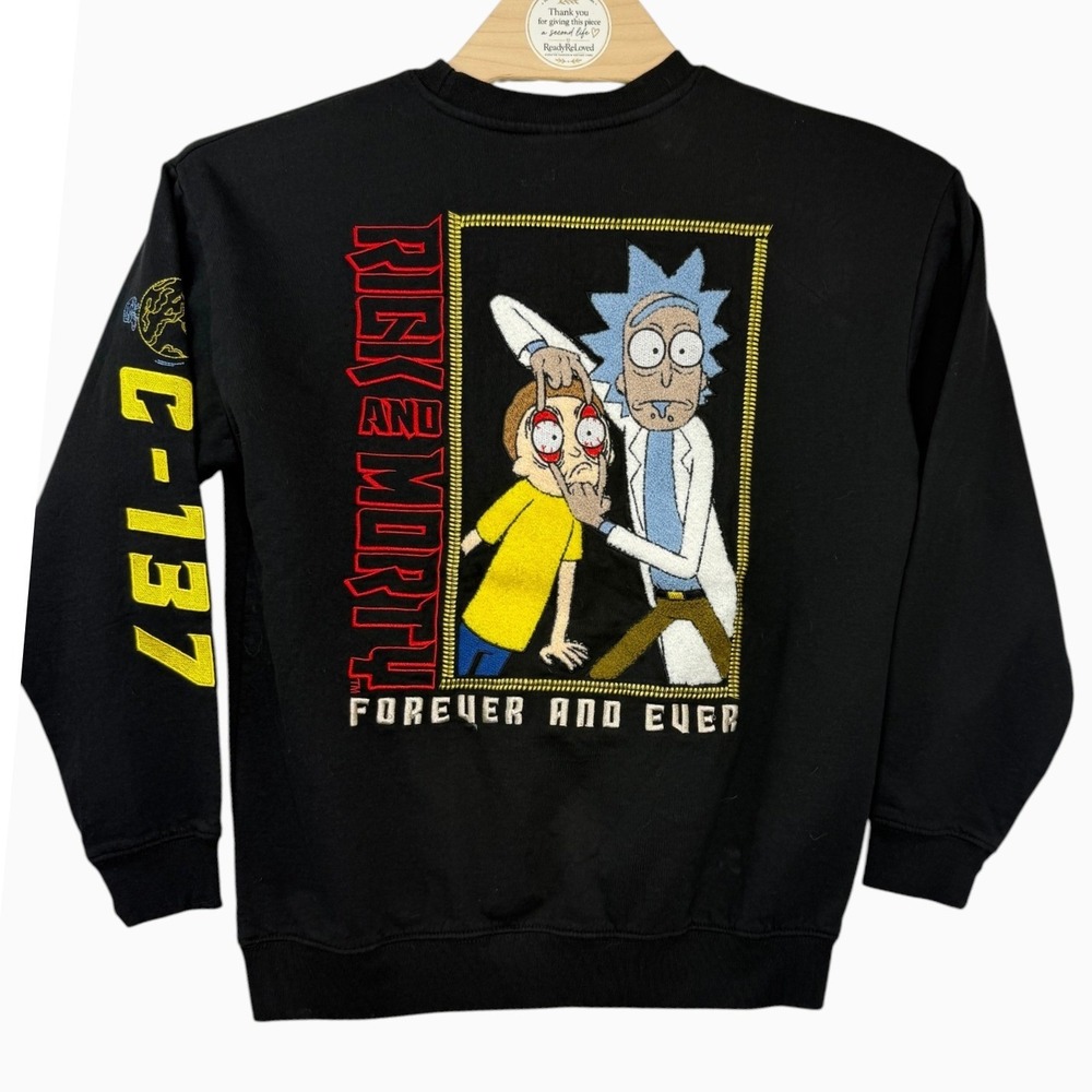 Rick and Morty Men's Medium C-137 Embroidered Black Crewneck Sweatshirt